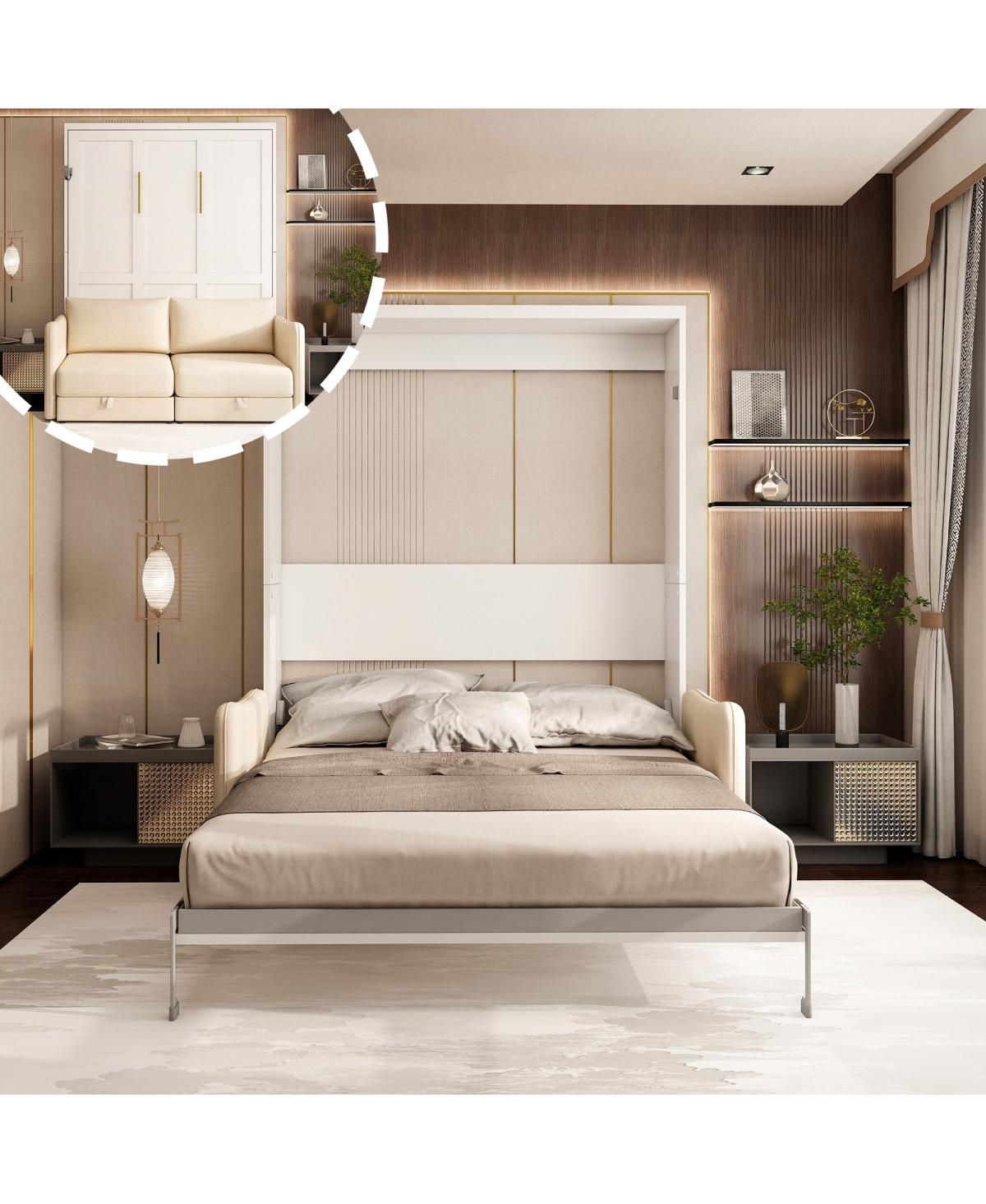 Streamdale Furniture Queen Size Murphy Bed with Sofa and Metal Frame - Beige,white