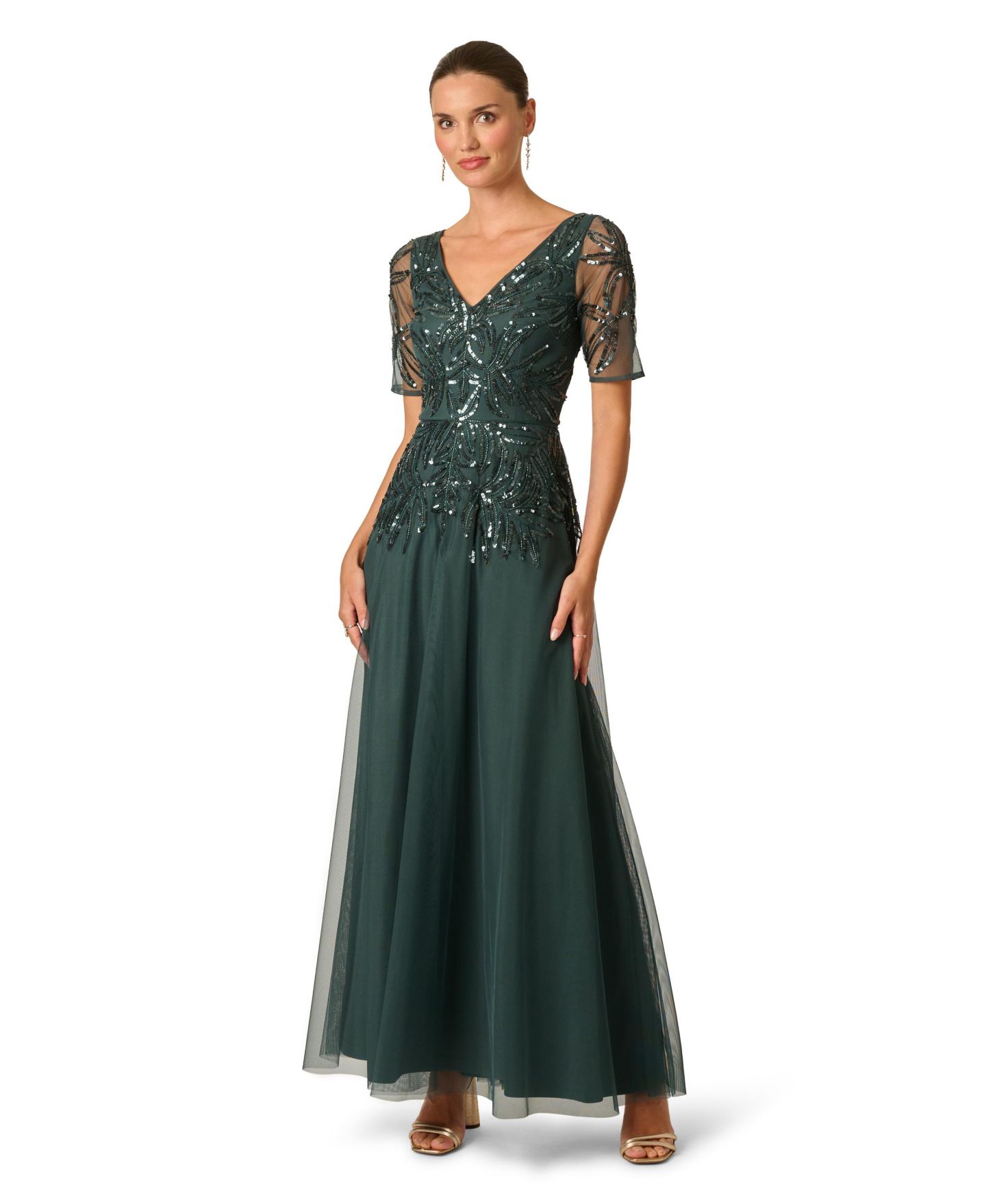 Женские платья Adrianna Papell Embellished Mesh V-Neck Gown, цвет: Светлый тёмно-синий — фото 6