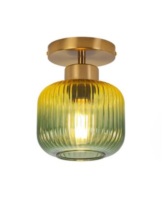 6 inch Wide Mid-Century Modern Semi Flush Mount Ceiling Light with Green Ribbed Glass