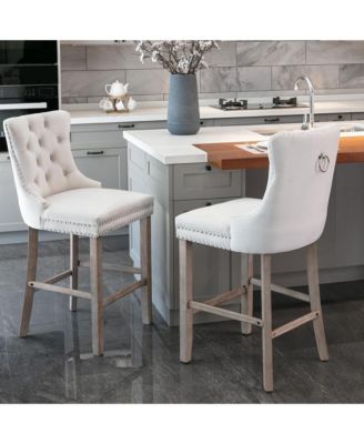 Velvet Upholstered Bar Stools Set of 2 - Button Tufted Decoration, Nailhead Trim and Wooden Legs, Counter Height Chairs for Home Pub