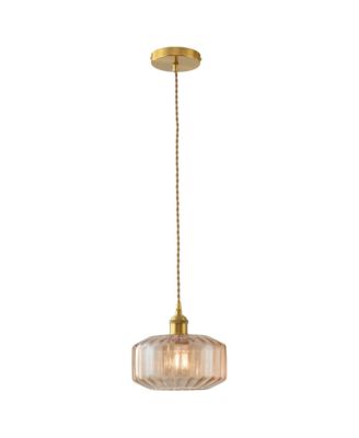 8.7-Inch Vintage Gold Pendant Light with Ribbed Glass Shade, Adjustable Hanging Fixture