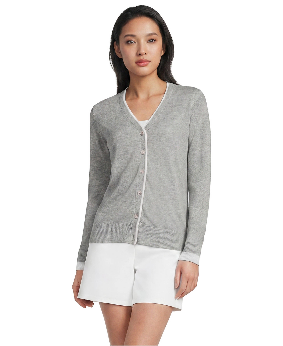 Lands' End Women's Double Trim Cotton V-neck Cardigan Sweater - Gray heather/white