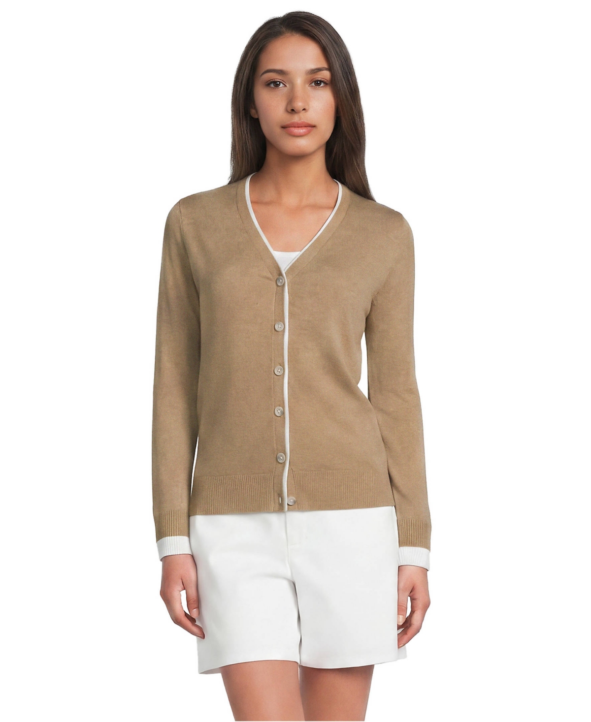 Lands' End Women's Double Trim Cotton V-neck Cardigan Sweater - Vicuna heather/white