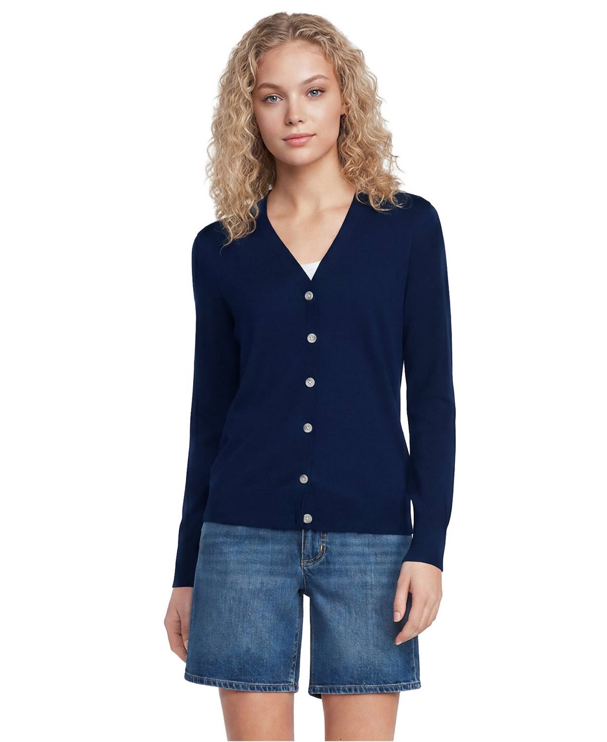 Lands' End Women's Double Trim Cotton V-neck Cardigan Sweater - Deep sea navy
