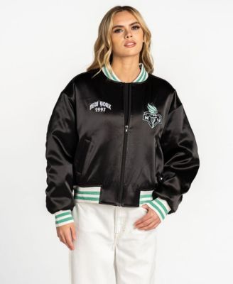 Women's Black New York Liberty Oversized Cropped Satin Full-Zip Bomber Jacket