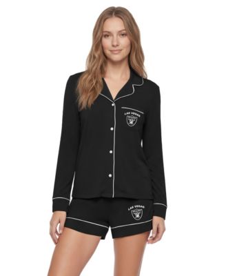 Women's Black Las Vegas Raiders Medley Long-Sleeves Button-Up and Shorts Sleep Set