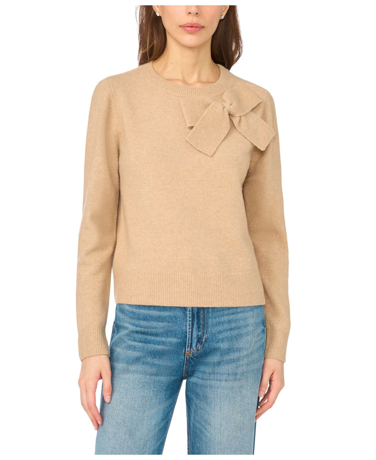 Женский свитер CeCe Bow Appliqué Crewneck Pullover, цвет: Бежевый — фото 1