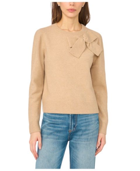 Женский свитер CeCe Bow Appliqué Crewneck Pullover, цвет: Бежевый