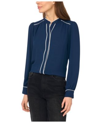 Women's Long-Sleeve Open-Collar Blouse with Contrast Piping
