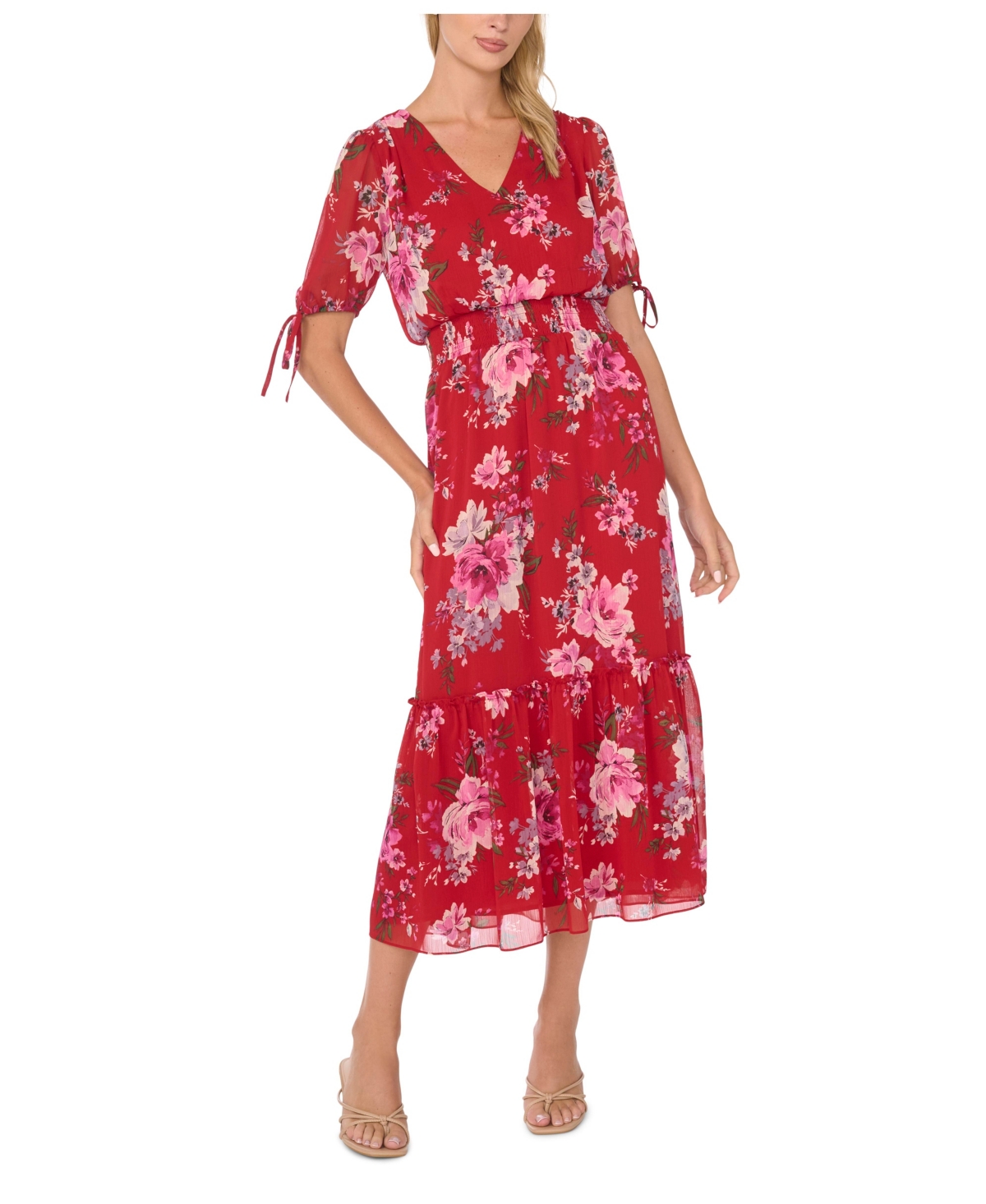 CeCe Women's V-Neck Short-Sleeve Smocked-Waist Dress