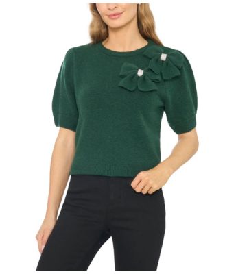 Women's Embellished Bow Appliqu&eacute; Crewneck Short-Sleeve Sweater