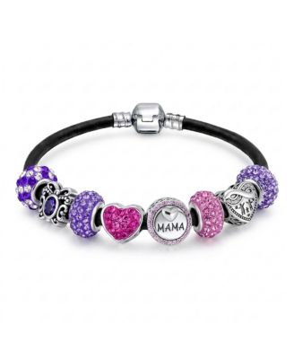 Women's Cubic Zirconia and Crystal Black Mama Love You Theme Heart Charm Bracelet