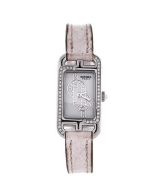 Pre-Owned HermA s Nantucket Quartz Watch in Stainless Steel and Alligator with Diamond Dial and Bezel 17mm