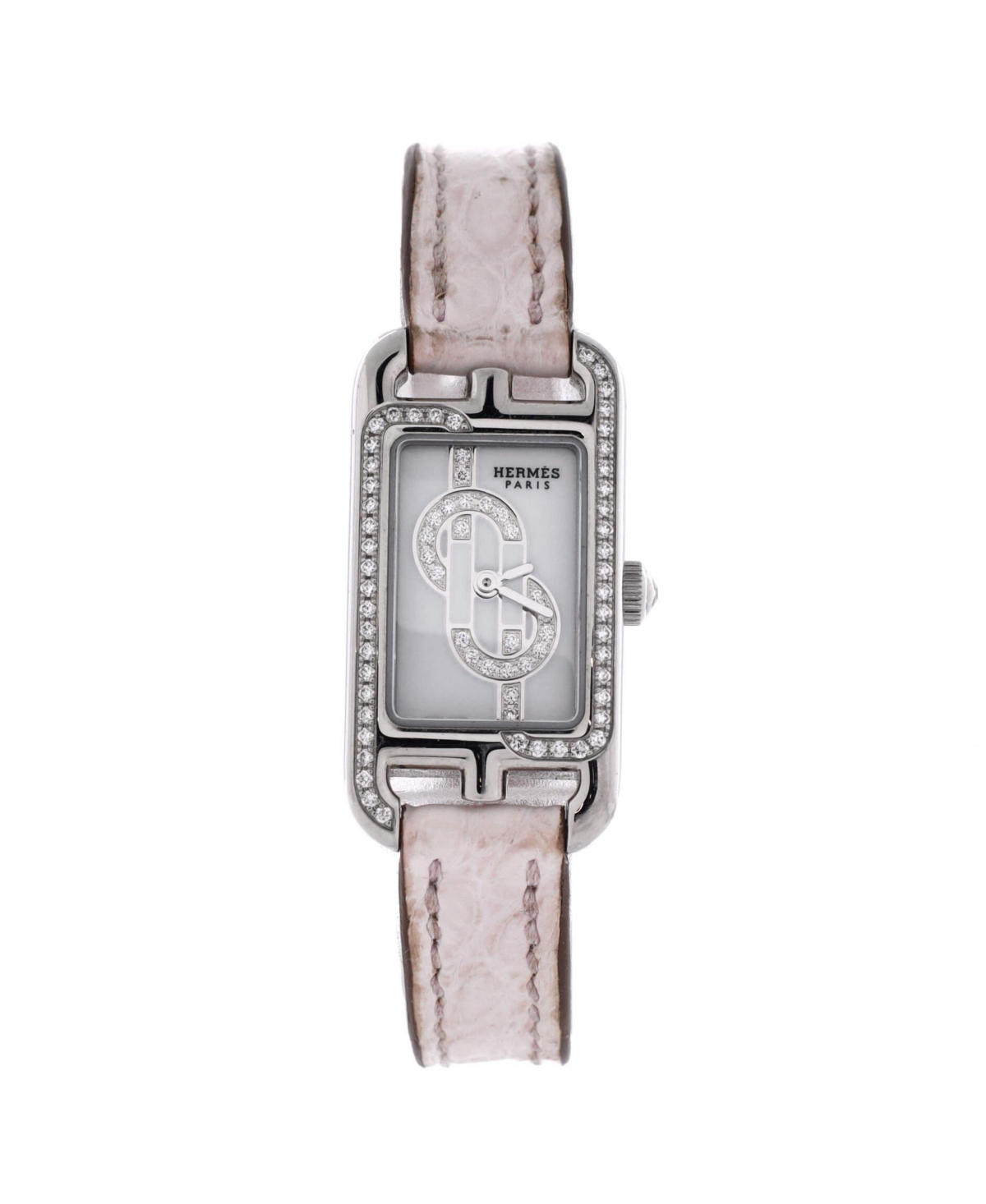 Pre-Owned HermA s Nantucket Quartz Watch in Stainless Steel and Alligator with Diamond Dial and Bezel 17mm