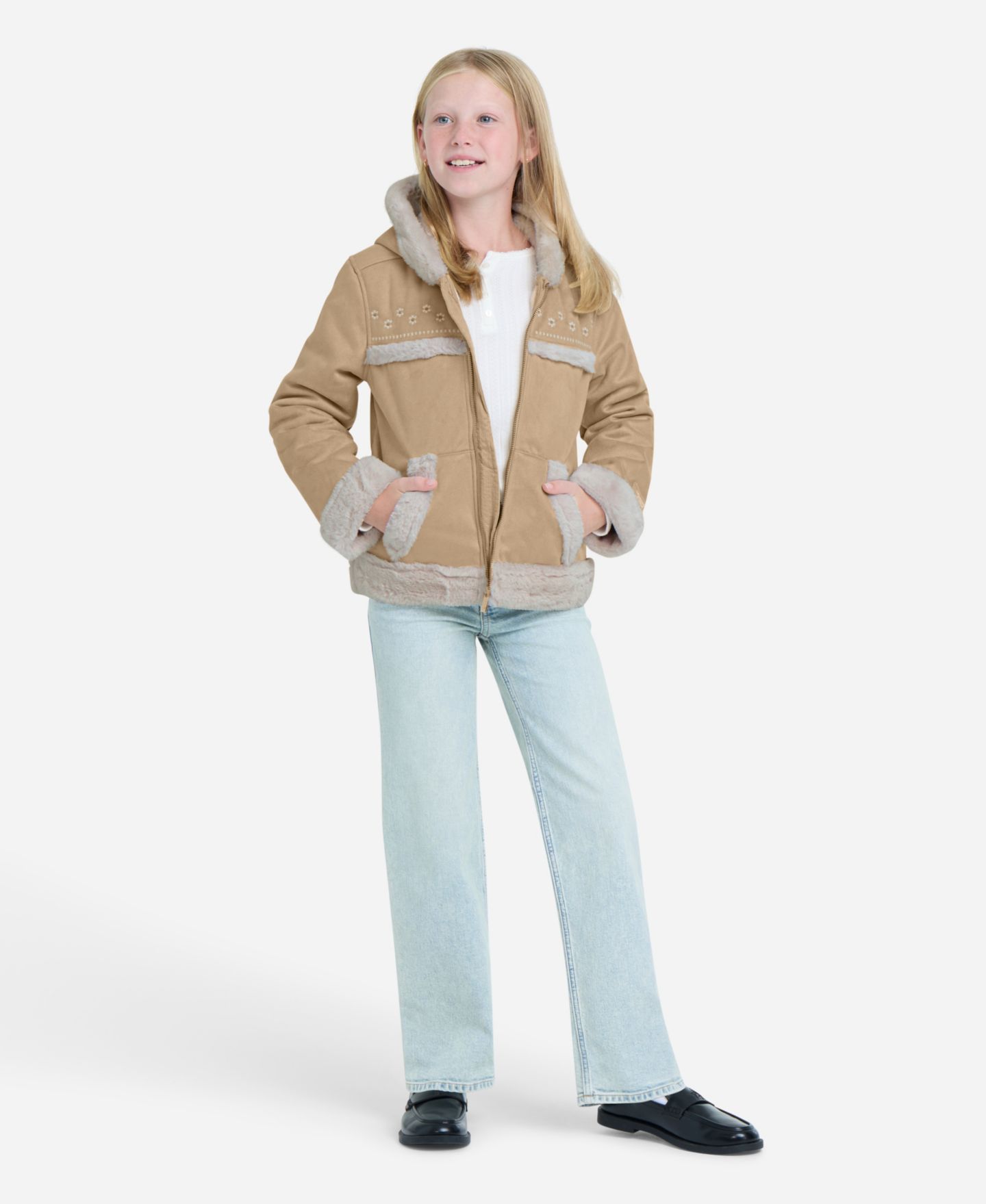 Куртка abercrombie kids AFG Embroidered Jacket With Faux-Fur Trim для девочек, цвет: Бежевый — фото 2