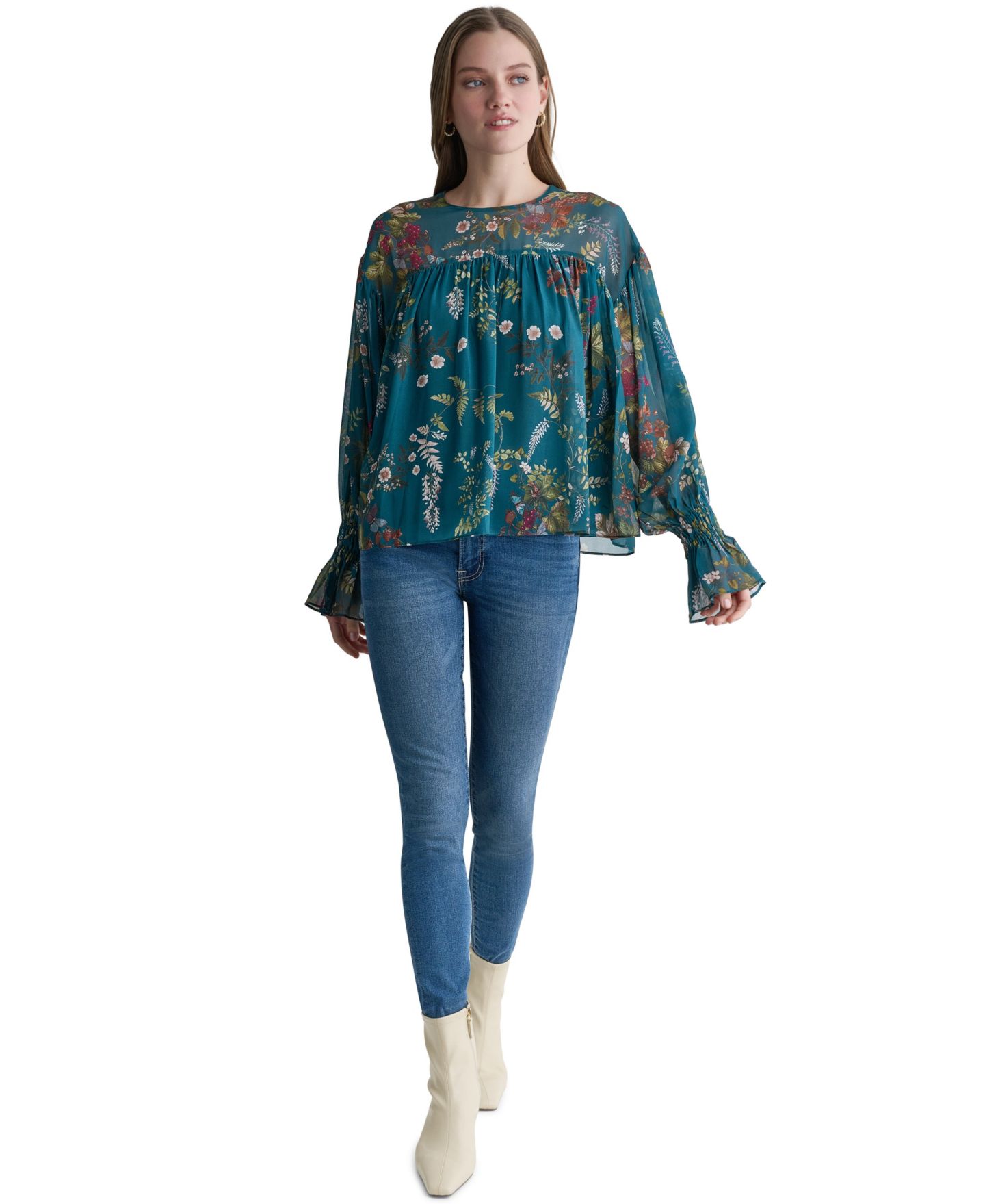 Женская блузка BCBG Drop-Shoulder Chiffon Crew Neck Long Sleeve, цвет: Королевский синий бирюзовый разноцветный — фото 2