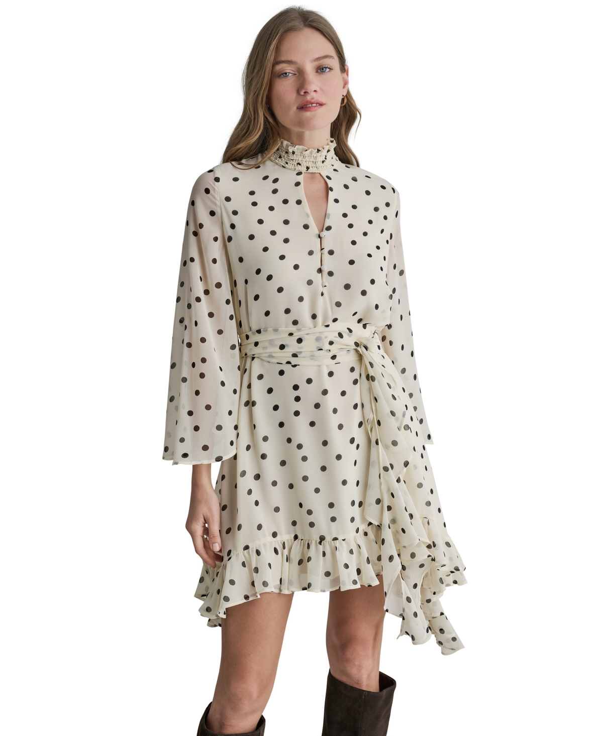 Bcbg Women's Long-Sleeve Polka-Dot Keyhole Dress