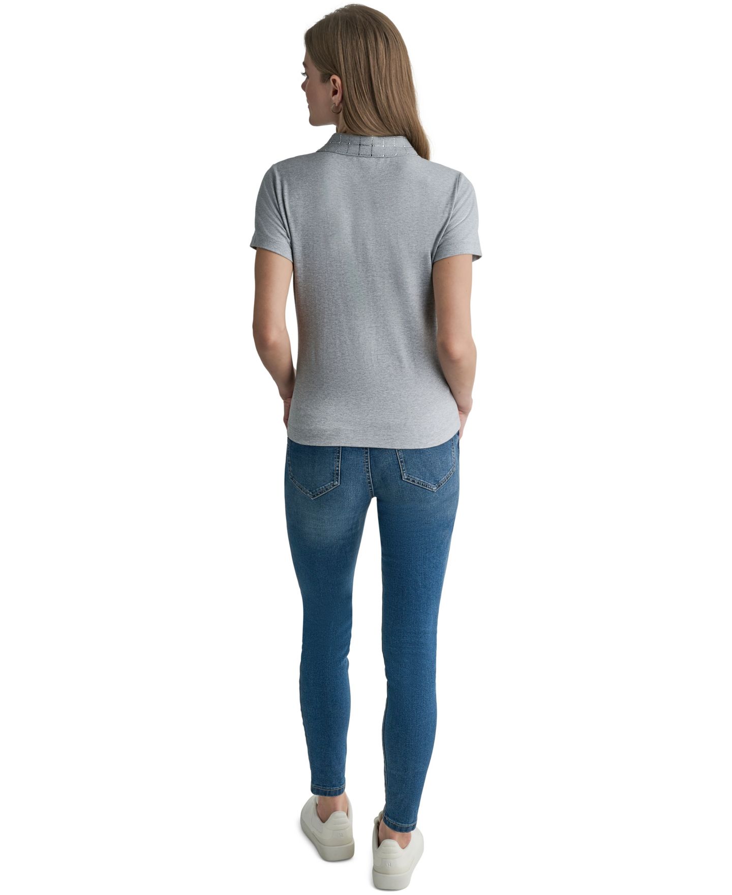 Женское поло BCBG Embellished Short-Sleeve Polo, цвет: Каменный серый меланжевый — фото 5