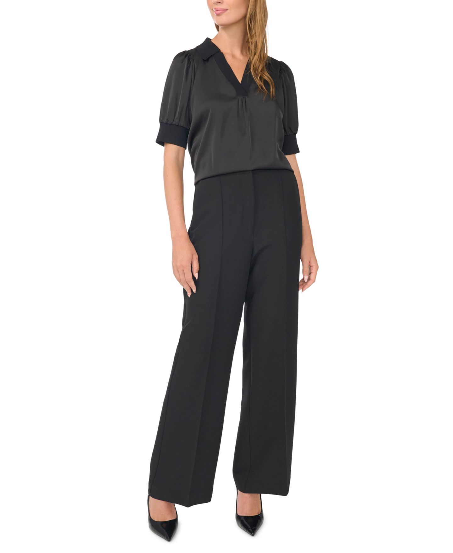 Женская блузка Vince Camuto Puff-Sleeve Satin V-Neck, цвет: Насыщенный чёрный — фото 2
