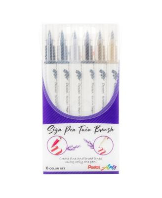 Arts Sign Pen Twin Brush, 6-Pack, Plastic Box
