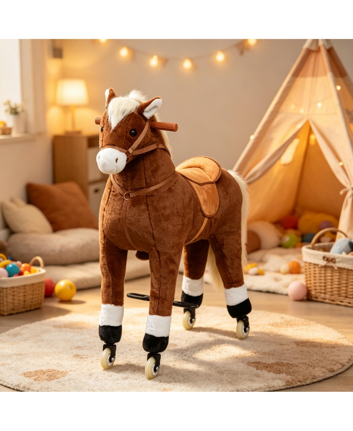 Sevorley Oversized Kids Ride-On Walking Horse: Smooth Rolling Wheels, Soft Plush Huggable Body - for Children 5 to 16 Years - Brown