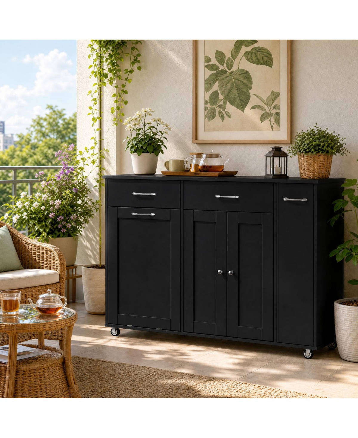 homfan Rolling Kitchen Island Cart With Hidden Trash Cabinet, 2 Drawers, Spice Rack, Smooth Mobile Movement, Tilt-Out Cabinet
