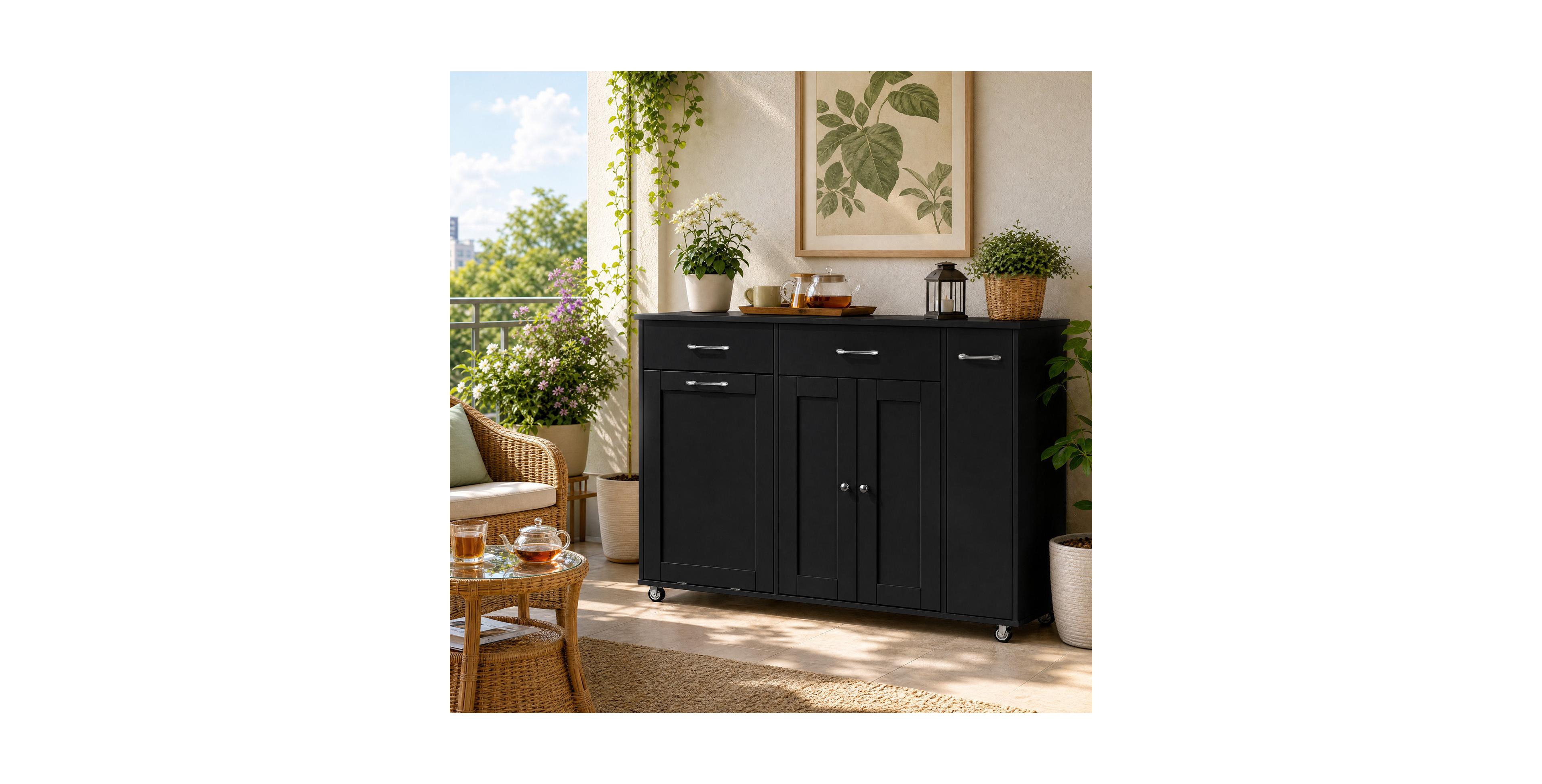 homfan Rolling Kitchen Island Cart With Hidden Trash Cabinet, 2 Drawers, Spice Rack, Smooth Mobile Movement, Tilt-Out Cabinet