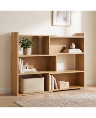 Extendable 3-Tier Corner Bookshelf, 31.5" Low L-Shaped Wood Bookcase with 6 Open Cubbies