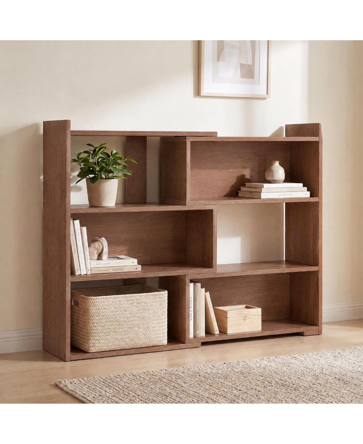 homfan Extendable 3-Tier Corner Bookshelf, 31.5" Low L-Shaped Wood Bookcase with 6 Open Cubbies