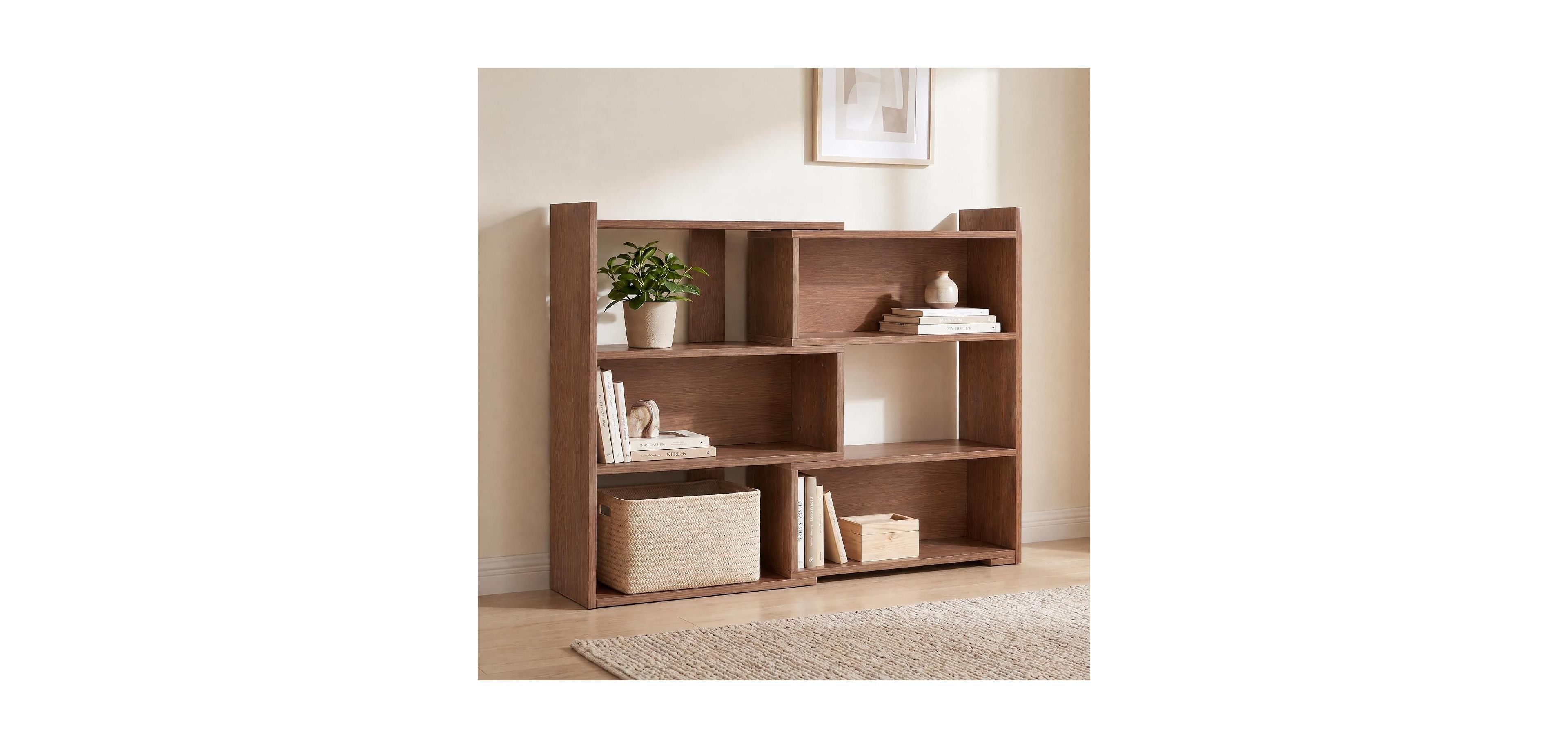 homfan Extendable 3-Tier Corner Bookshelf, 31.5" Low L-Shaped Wood Bookcase with 6 Open Cubbies