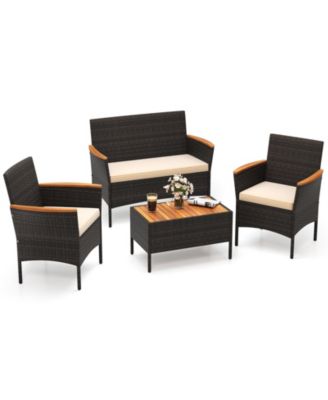 4-Piece Patio Wicker Sofa Set with Acacia Wood Accents