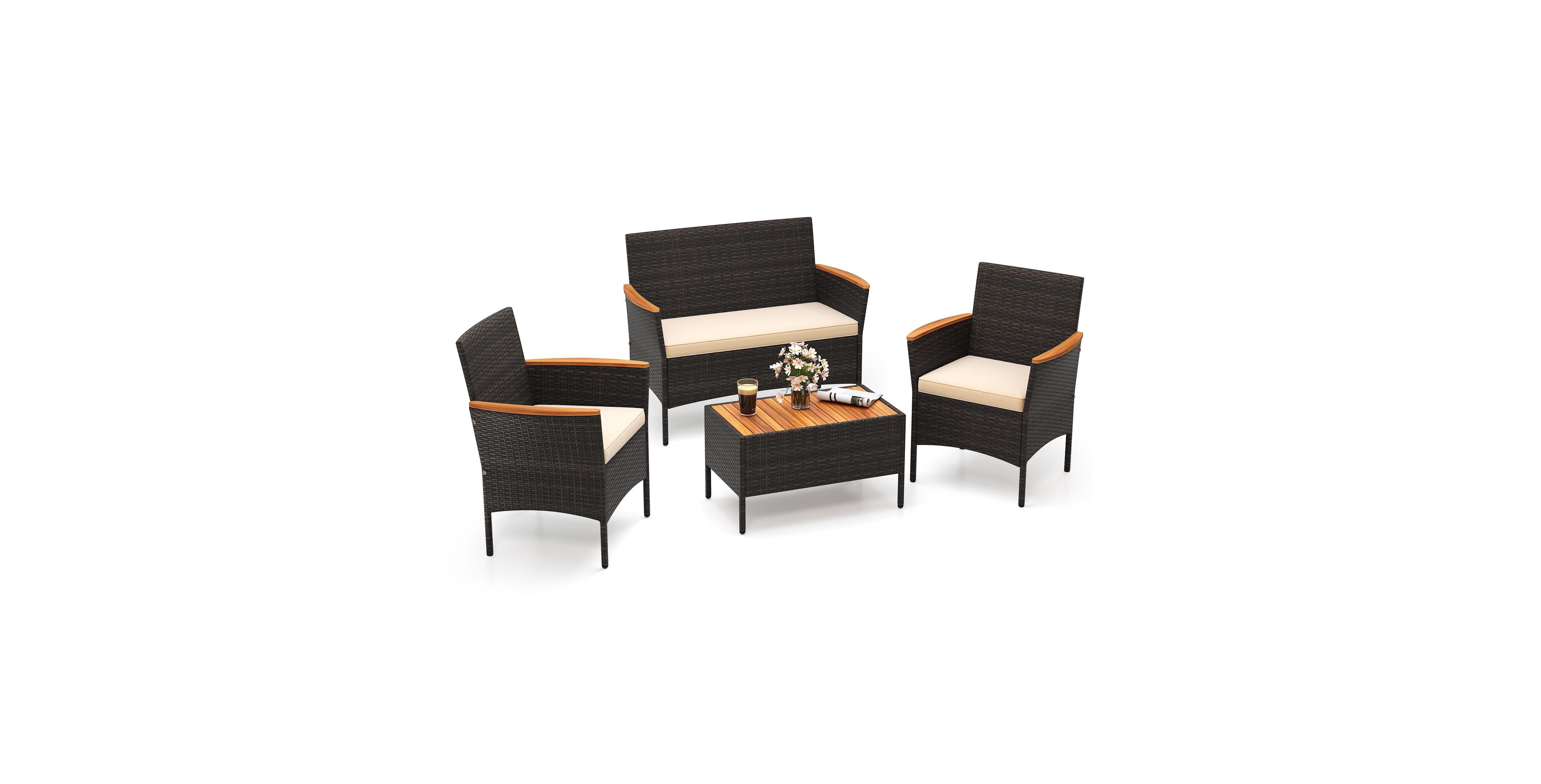 Mecale 4-Piece Patio Wicker Sofa Set with Acacia Wood Accents