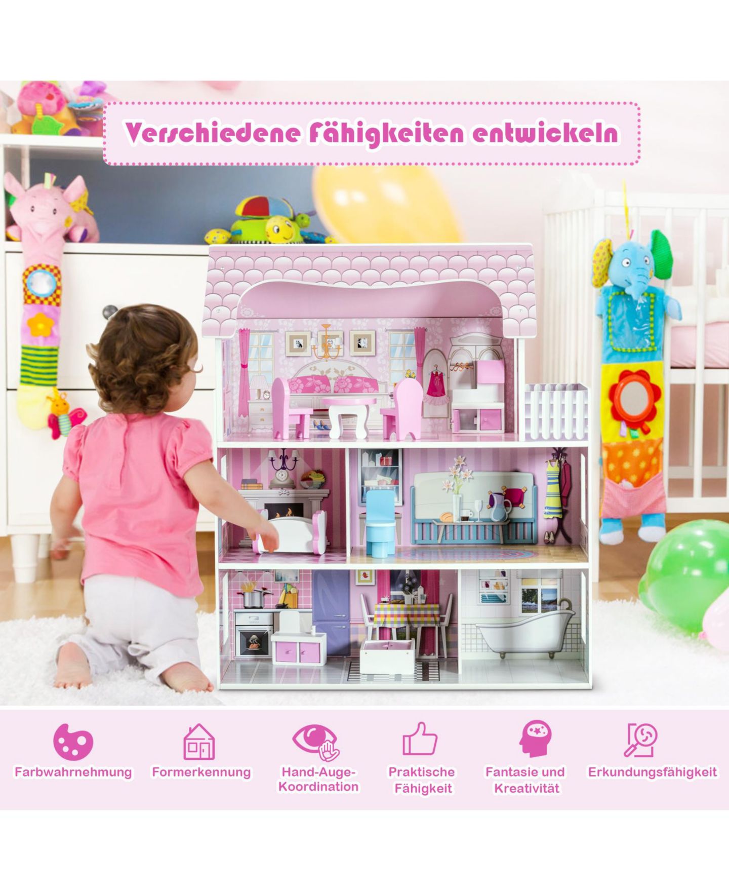 Детские аксессуары для кукол Mecale 28-in 3-Level Dollhouse with 5 Themed Rooms and 8 Furniture Pieces, Ages 3+, цвет: Розовый — фото 7
