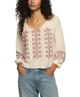 Women's Long Sleeve Tie-Front V-Neck Cotton-Blend Peasant Top