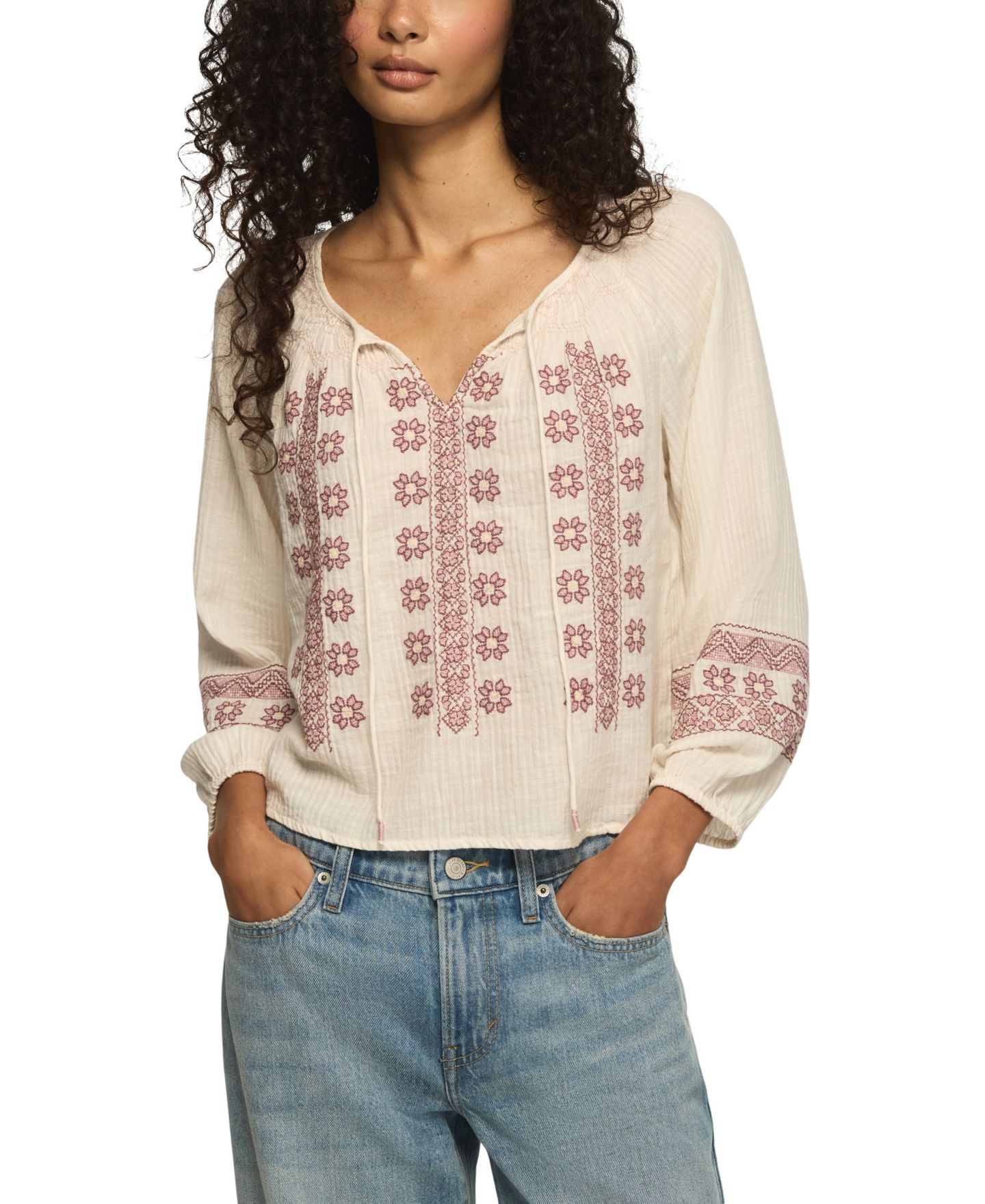 Женский топ Lucky Brand Long Sleeve Tie-Front V-Neck Cotton-Blend Peasant, цвет: Gardenia — фото 1