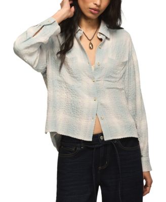 Women's Plaid-Print Cropped Long-Sleeve Blouse