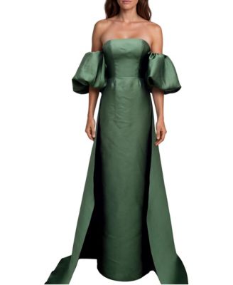Women's Off The Shoulder Mikado Puff Sleeve Column Gown with Back Train Panel