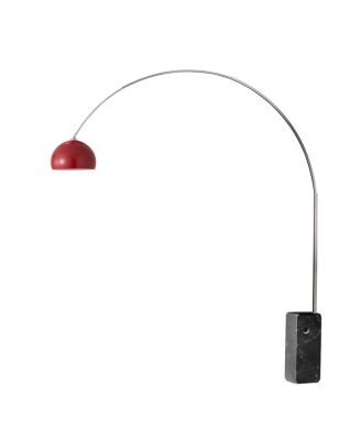 Iconic Arc Lamp - Satin Nickel, Marble Base, Half Dome Crimson  Shade, Dimmable