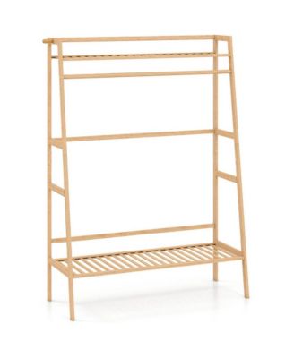 Freestanding Bamboo Garment Rack with Double Storage Shelves