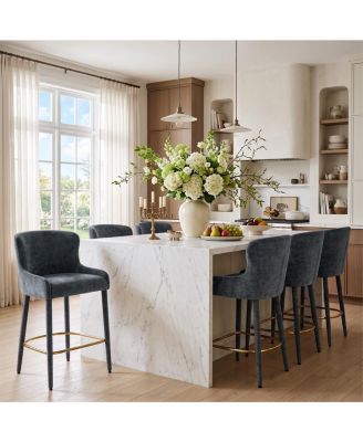 Maison Counter Height Set of 6 Chenille Upholstered Gold-Tone Footrest Wingback Bar Stools