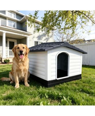 Elevated Plastic Dog House Kennel - 2 Doors with Fold-Out Porch - Waterproof Easy Assembly