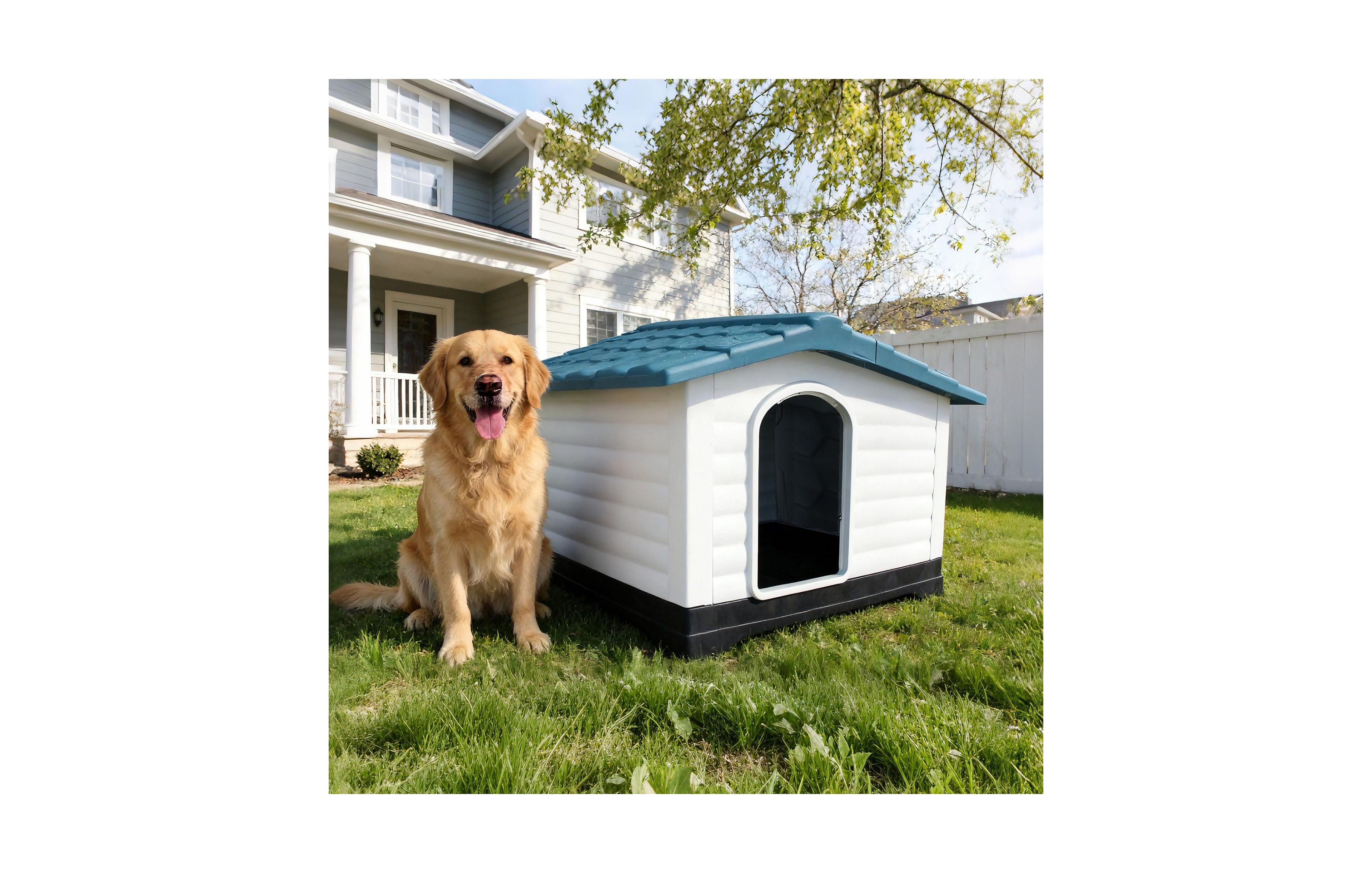 Lalfpet Elevated Plastic Dog House Kennel - 2 Doors with Fold-Out Porch Waterproof Easy Assembly