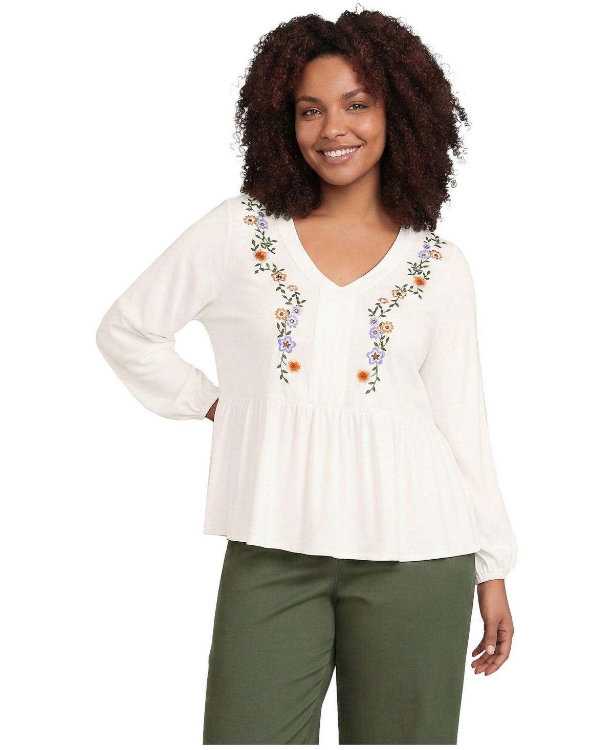 Lands' End Plus Puff-Sleeve V-Neck Embroidered Blouse
