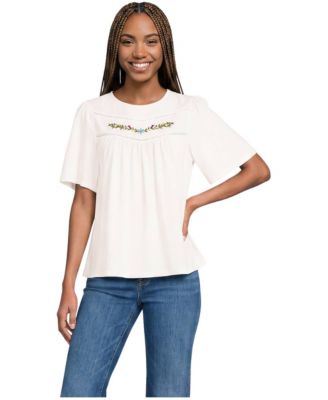 Women's Elbow-Sleeve Slub Jersey Embroidered Pintuck Blouse