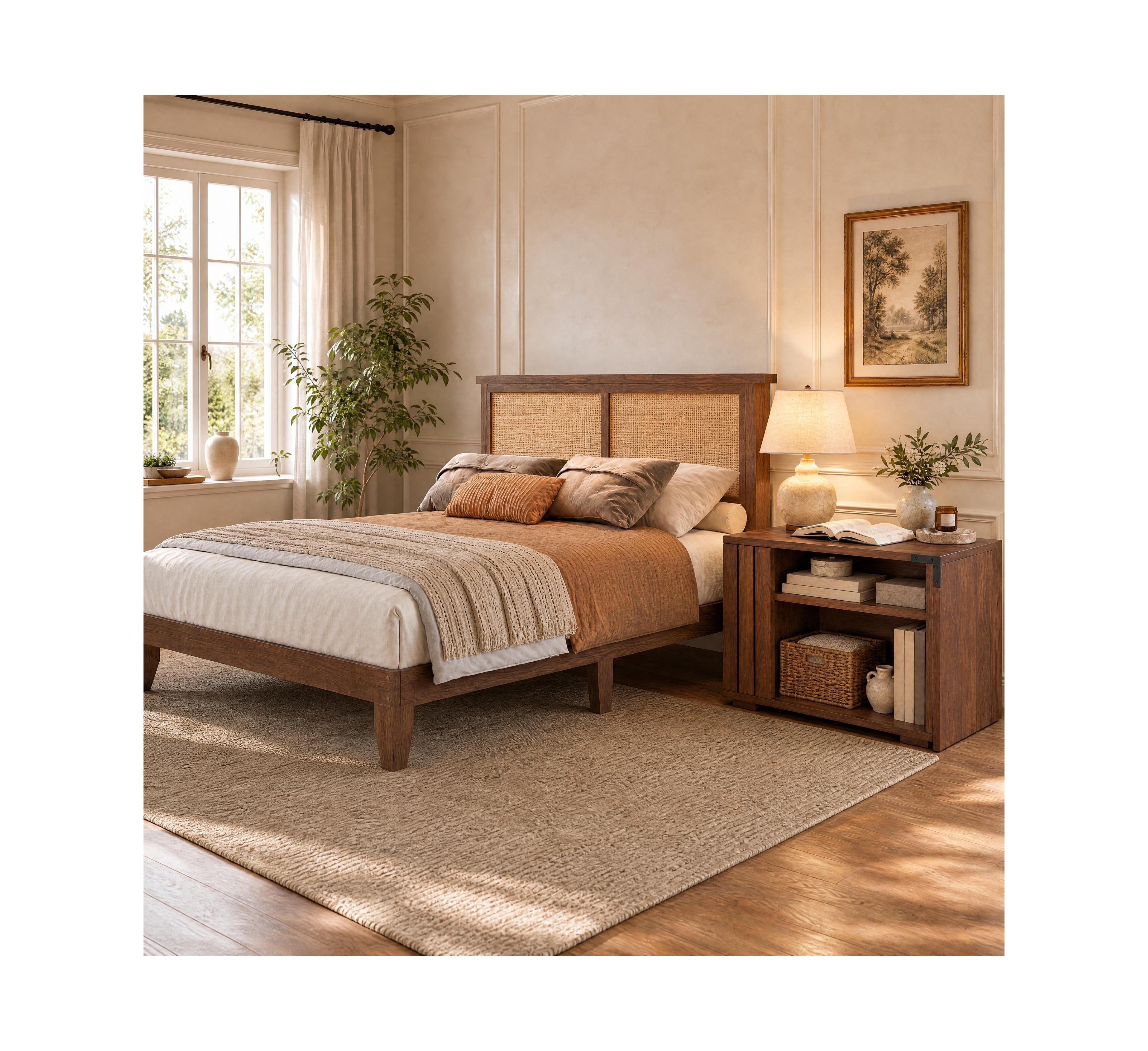 homfan Boho Farmhouse Rattan Platform Bed Frame and Expandable Coffee Table Set, Rgb Led Lights and Headboard Shelf, 2-Tier Storage