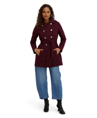 Women's Double-Breasted Softshell Coat With Hood and Self-Tie Belt