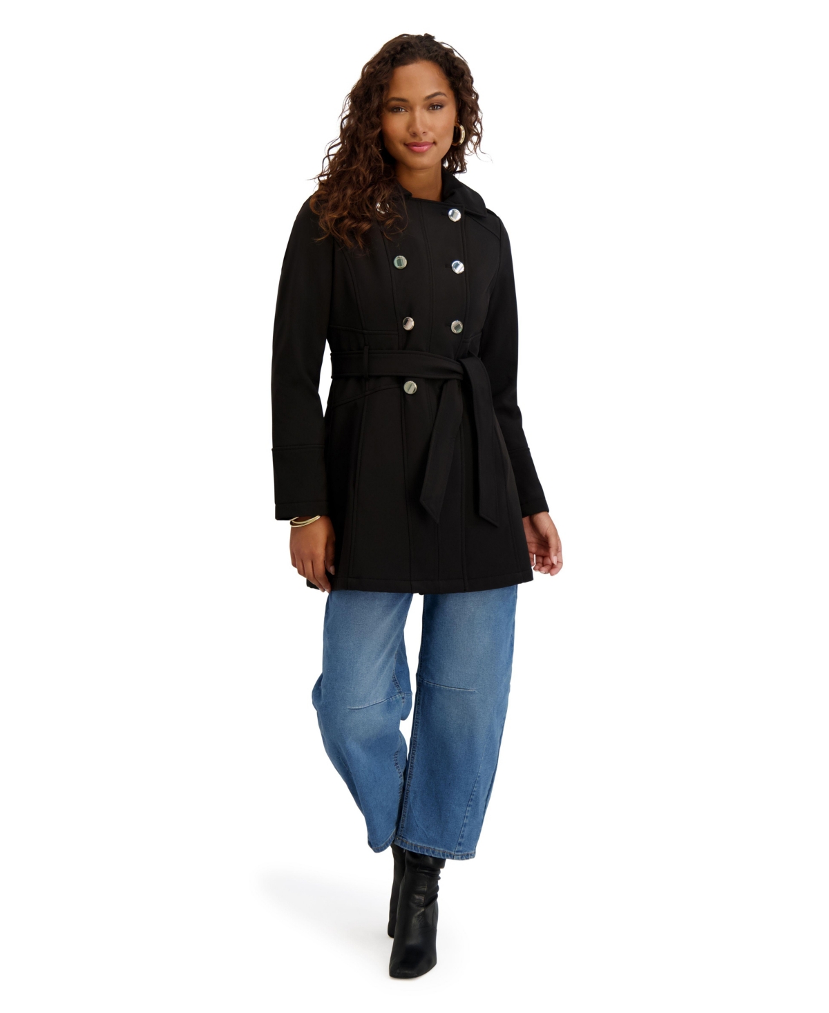 Kensie Women's Double-Breasted Softshell Coat With Hood and Self-Tie Belt - Black