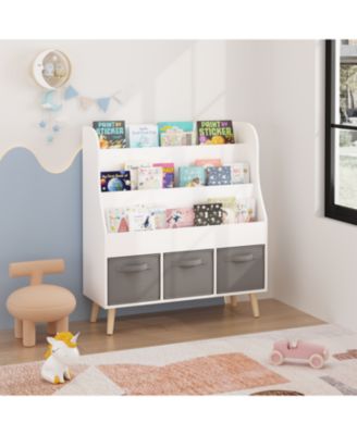 35.43 Inch 3-Tier MDF Montessori Front-Facing Kids Bookshelf with 3 Fabric Storage Bins