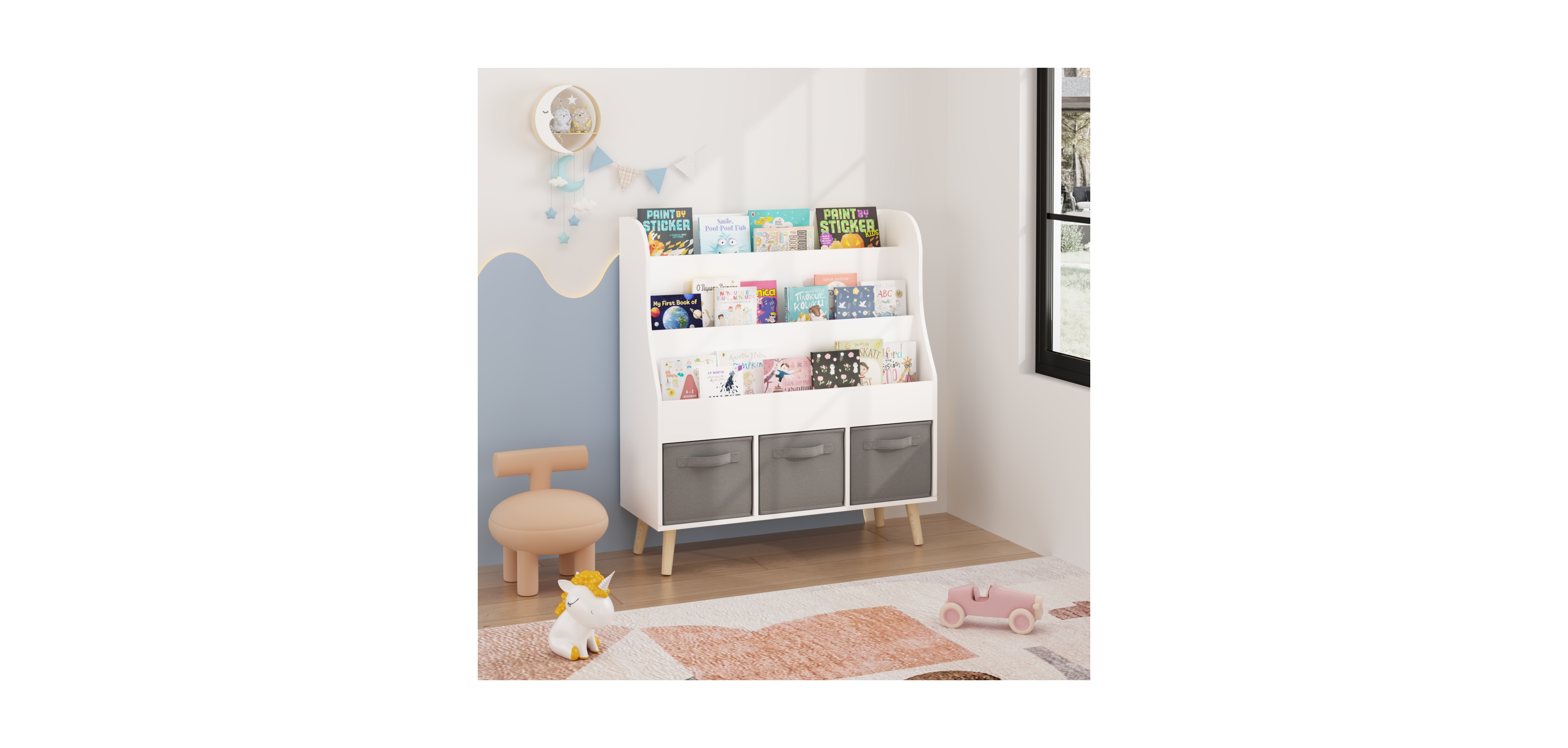 Rainsken 35.43 Inch 3-Tier Mdf Montessori Front-Facing Kids Bookshelf with 3 Fabric Storage Bins