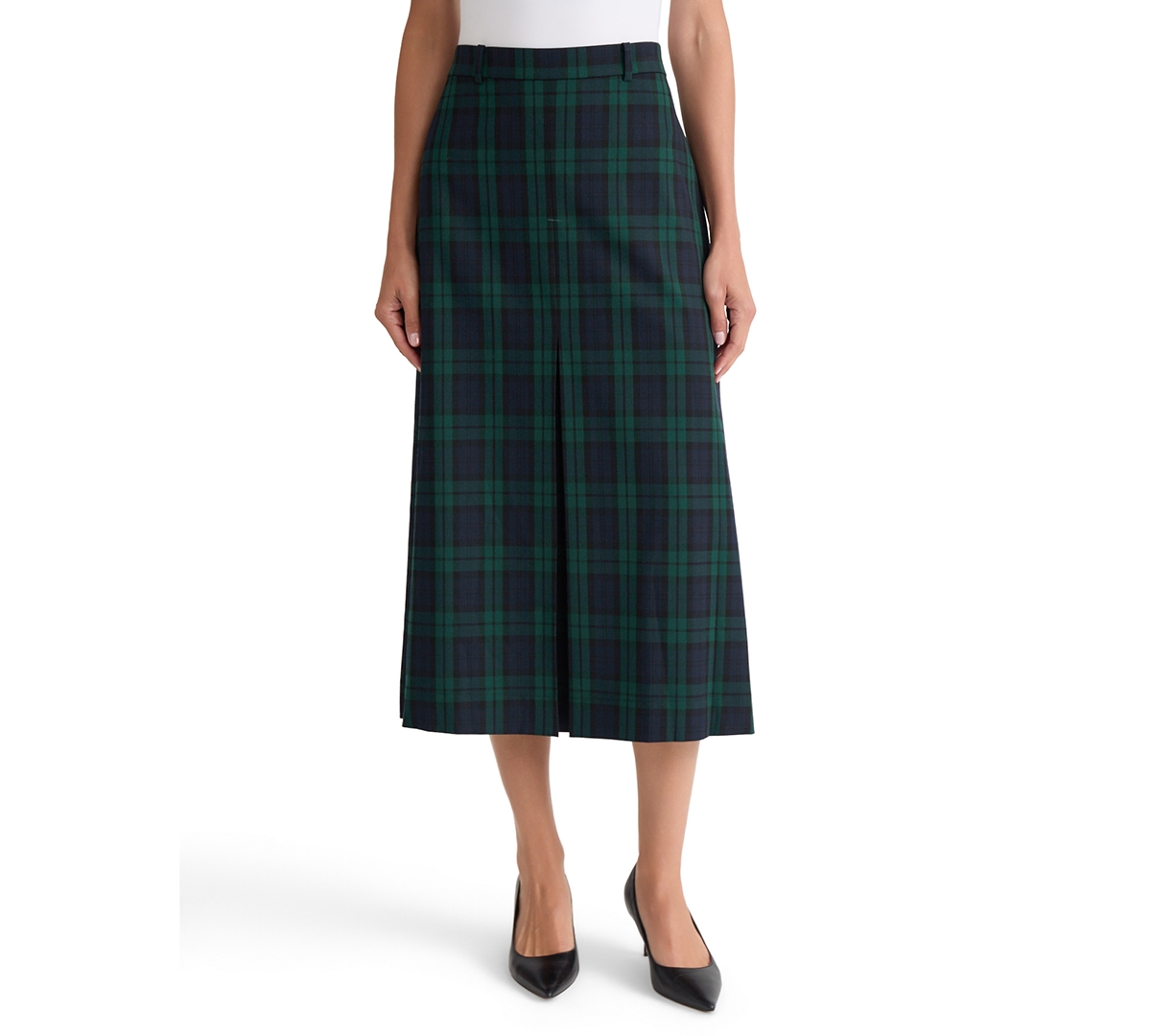 Jones New York Women's Plaid High-Waisted Inverted Pleat Midi Skirt